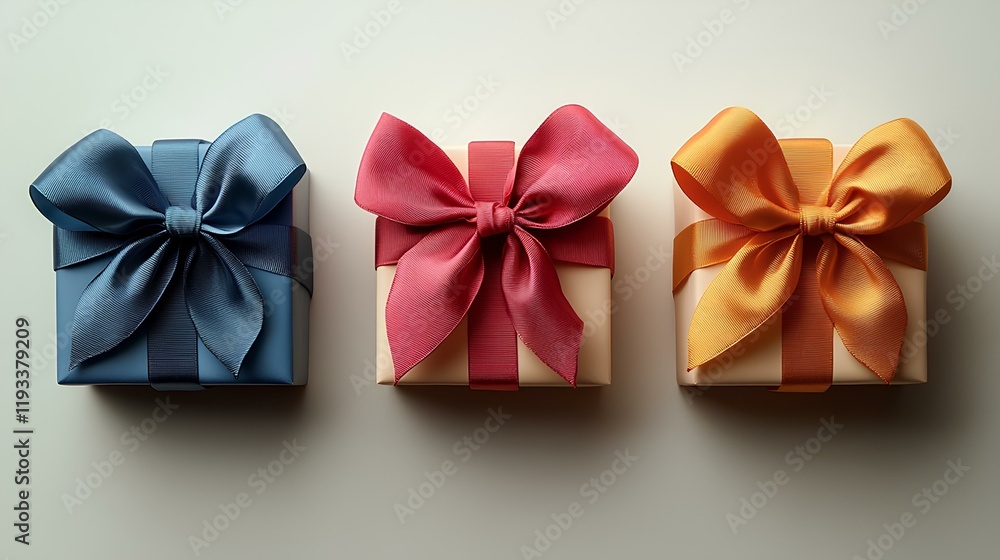 Charming Display of Three Beautifully Wrapped Gift Boxes in Vibrant Colors with Elegant Ribbons, Perfect for Celebrations and Special Occasions Charming Display of Three Beautifully Wrapped Gift Boxes in Vibrant Colors with Elegant Ribbons, Perfect for Celebrations and Special Occasions