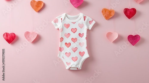 Adorable baby onesie with heart patterns against a pastel background.