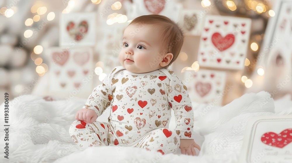 Cute baby in heart-patterned outfit sitting among soft decorations, evoking warmth and joy. Cute baby in heart-patterned outfit sitting among soft decorations, evoking warmth and joy.