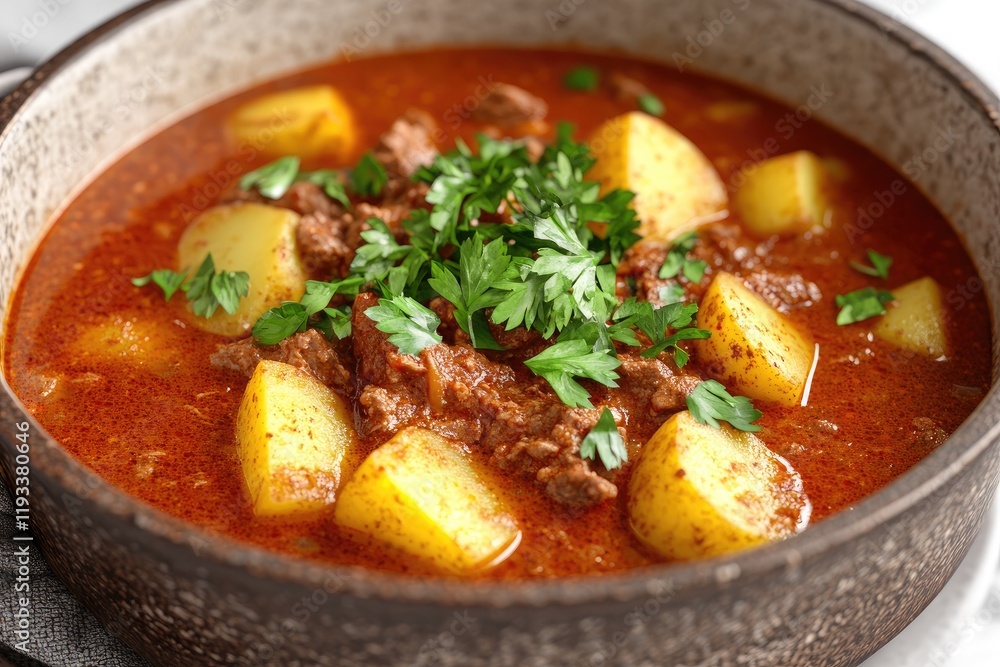 Hearty Beef Stew with Potatoes and Fresh Herbs in Rustic Bowl - A Comforting Meal Delight Hearty Beef Stew with Potatoes and Fresh Herbs in Rustic Bowl - A Comforting Meal Delight