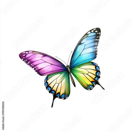 Vibrant and Colorful Butterfly Illustration with Brilliant Shades of Blue, Purple, and Yellow Set Against a Clean White Background Perfect for Nature and Art Projects