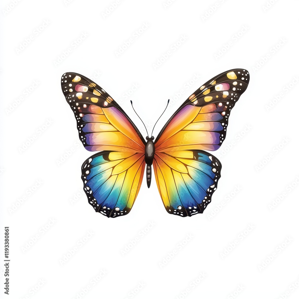 Obraz premium Vibrant Monarch Butterfly with Stunning Color Gradient on a Clean White Background, Perfect for Nature, Illustration, and Artistic Creations