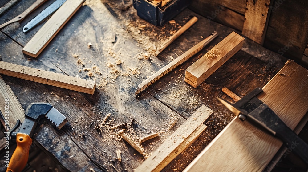 A clean DIY furniture-building workspace with saws, clamps, and wood planks A clean DIY furniture-building workspace with saws, clamps, and wood planks