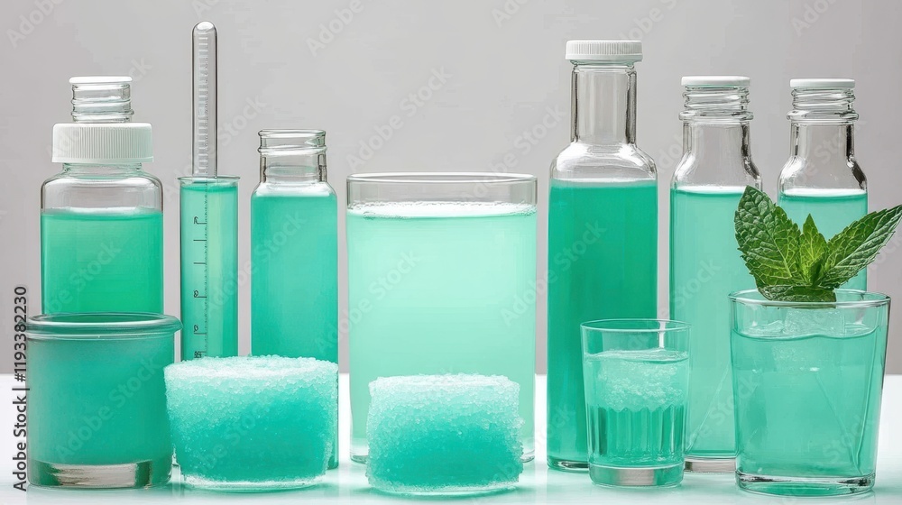 A collection of liquid-filled bottles with a glass featuring a fresh mint sprig, highlighting vibrant colors and refreshing appeal. A collection of liquid-filled bottles with a glass featuring a fresh mint sprig, highlighting vibrant colors and refreshing appeal.