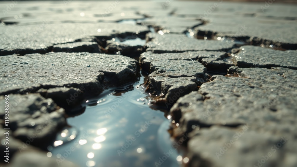 Close-up view of cracked stone pavement with water collecting in the fissures Close-up view of cracked stone pavement with water collecting in the fissures