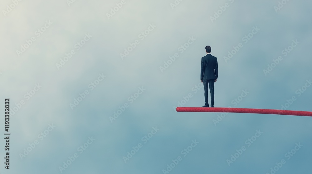 Surreal image of a man in a suit standing on a thin red beam against a cloudy sky background Concept of risk, balance, and decision-making in a minimalist and symbolic composition Surreal image of a man in a suit standing on a thin red beam against a cloudy sky background Concept of risk, balance, and decision-making in a minimalist and symbolic composition
