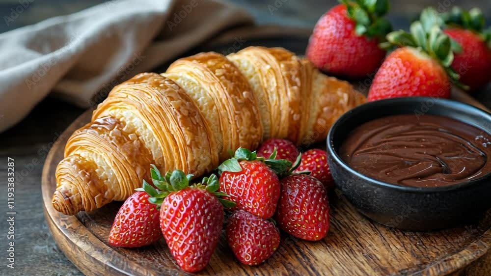 A top view of a croissant with strawberries and chocolate sauce. A top view of a croissant with strawberries and chocolate sauce.