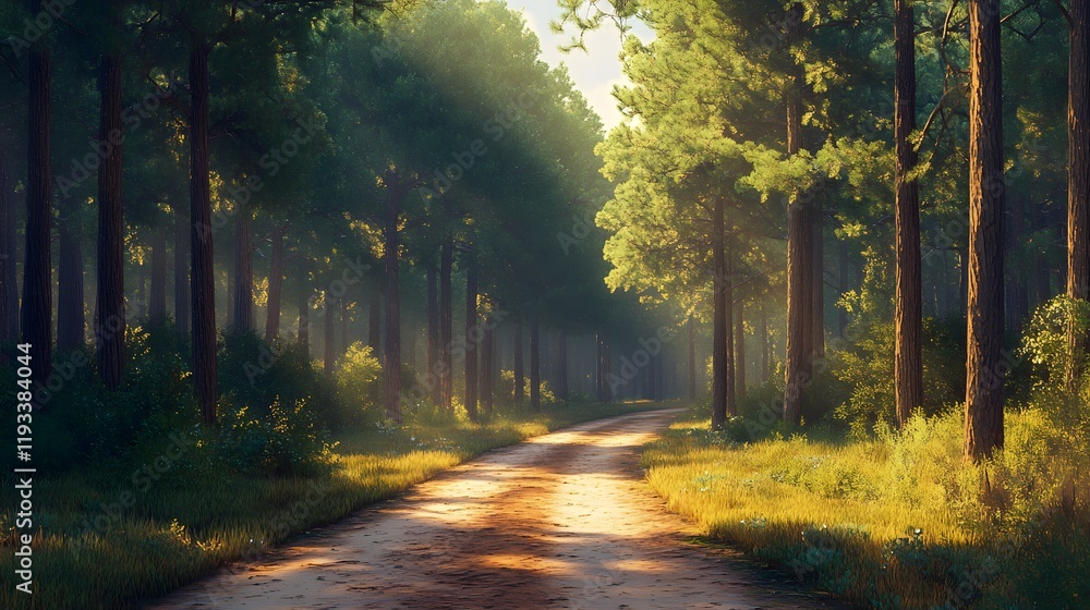 Obraz premium Sunlit Path Through A Lush Green Forest