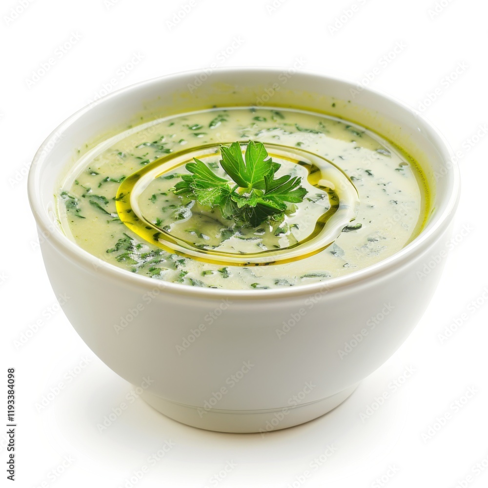A bowl of creamy spinach and artichoke soup with a drizzle of olive oil, isolated white background, contemporary art style A bowl of creamy spinach and artichoke soup with a drizzle of olive oil, isolated white background, contemporary art style
