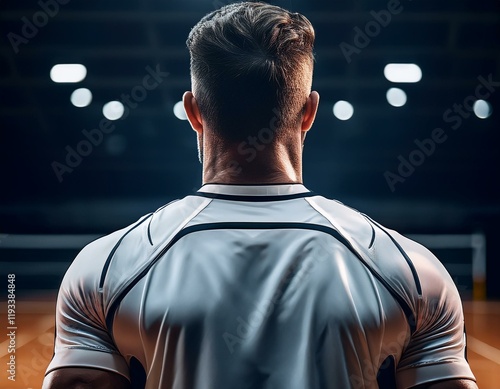 Generated image An action shot of a player’s back as they adjust their stance before stepping onto the court