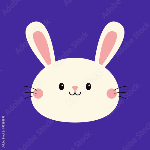 Cute white bunny rabbit hare silhouette icon. Smiling face head. Pink cheeks. Kawaii cartoon funny baby character. Happy Easter. Valentines Day. Greeting card. Blue background. Flat design. Vector