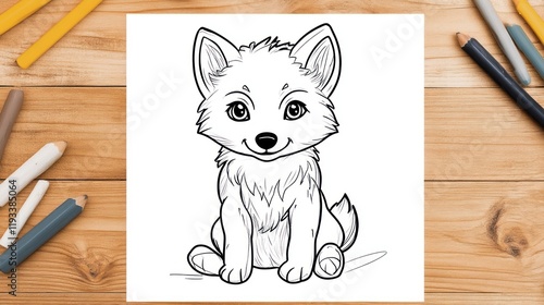 Cute cartoon wolf coloring page on wooden table photo