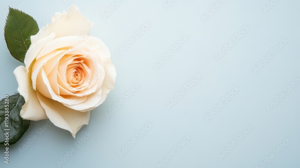 A solitary rose rests on a blue surface, accompanied by a vibrant green leaf, creating a striking contrast and an elegant composition. A solitary rose rests on a blue surface, accompanied by a vibrant green leaf, creating a striking contrast and an elegant composition.