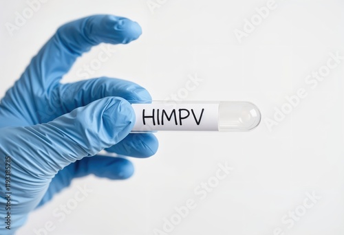 Gloved hand holds test tube labeled 'HMPV' indicating potential human metapneumovirus sample photo