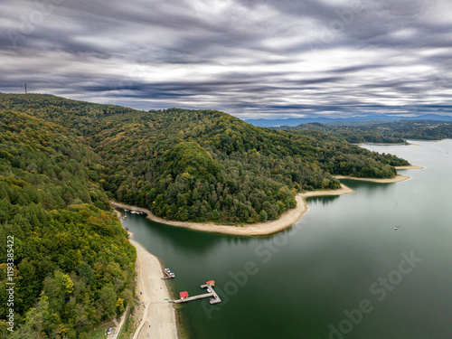 Fototapeta Naklejka Na Ścianę i Meble -  View from a drone of Lake Solina and the surrounding area