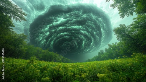 Dramatic swirling storm cloud looms over a lush green forest, creating an intense atmosphere in nature