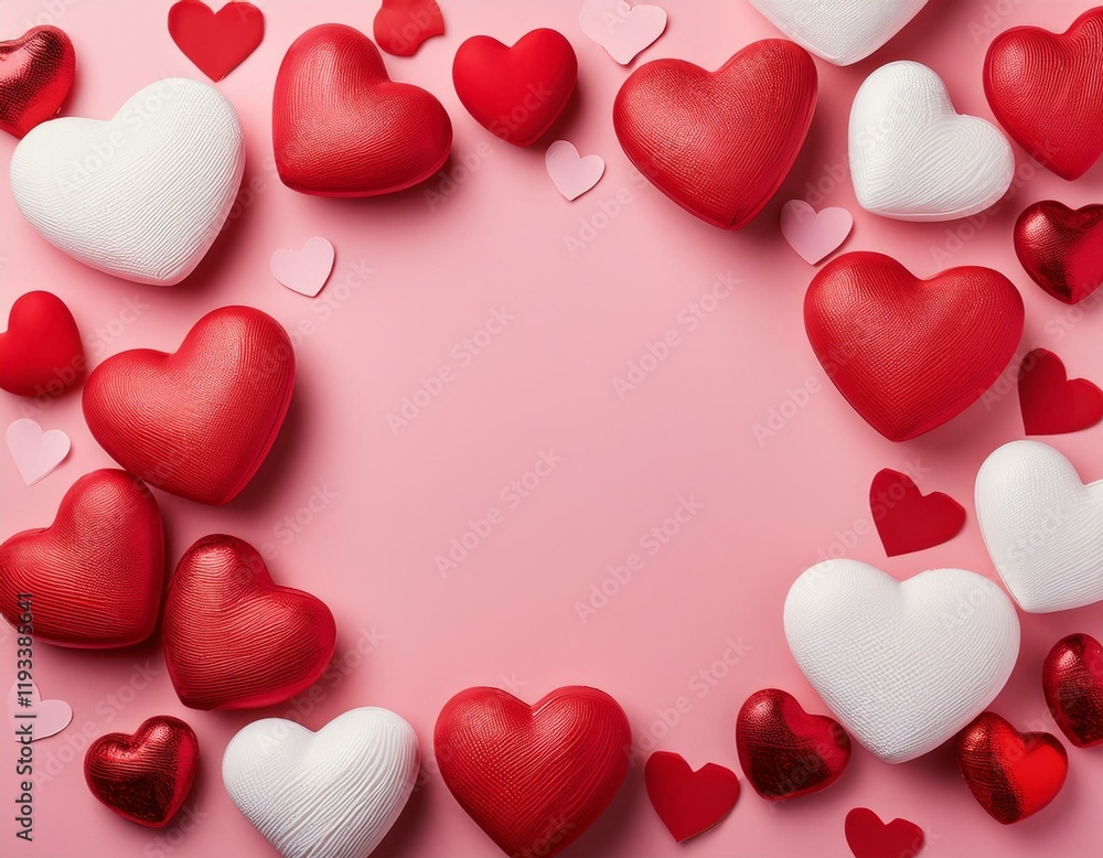 un marco De Fantasía de color rosa pastel con globos blancos y rojos En Forma De Corazón 3D hiperrealistas un marco De Fantasía de color rosa pastel con globos blancos y rojos En Forma De Corazón 3D hiperrealistas