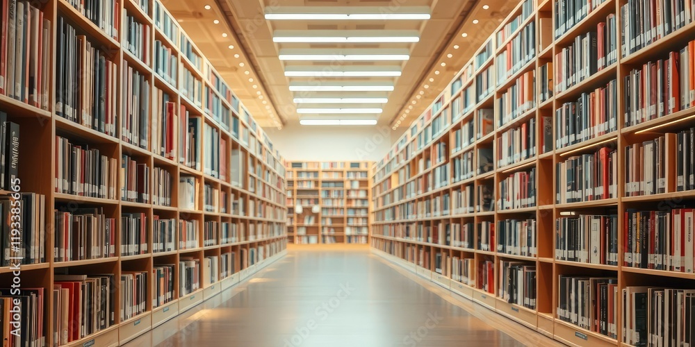 Aisle lined with floor-to-ceiling bookshelves, softly lit by warm ambient overhead lighting, cozy spot, wooden shelves, reading nook Aisle lined with floor-to-ceiling bookshelves, softly lit by warm ambient overhead lighting, cozy spot, wooden shelves, reading nook