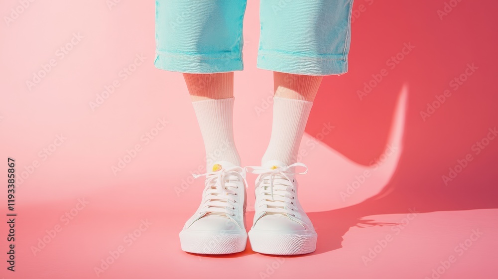 A person stands against a pink background, dressed in stylish blue jeans and trendy white sneakers, showcasing a casual and modern outfit. A person stands against a pink background, dressed in stylish blue jeans and trendy white sneakers, showcasing a casual and modern outfit.
