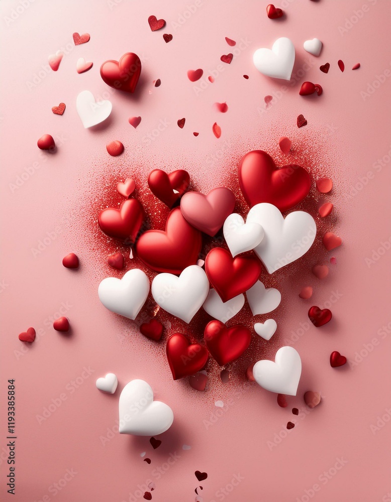 Esplosión de corazones rojos y blancos en 3D sobre un fondo rosa pastel, Concepto San Valentin. Esplosión de corazones rojos y blancos en 3D sobre un fondo rosa pastel, Concepto San Valentin.