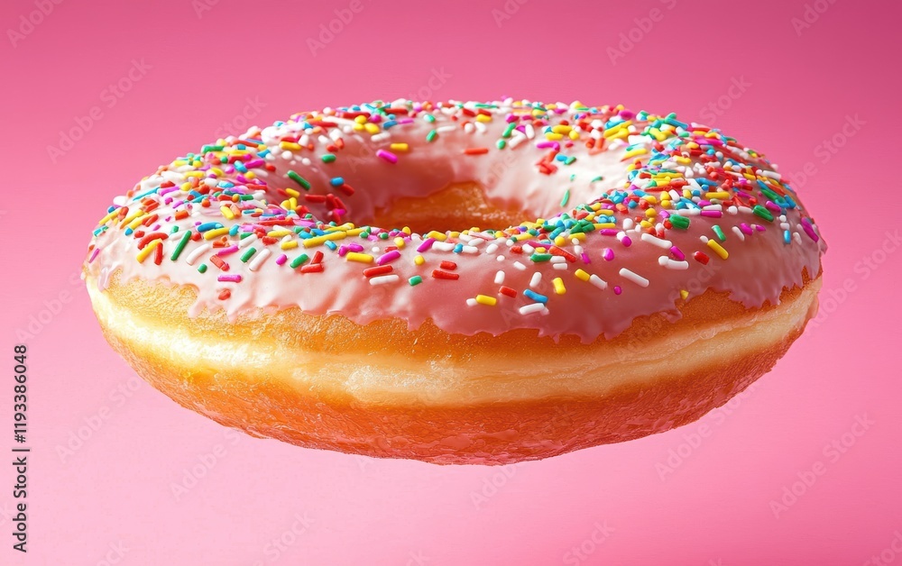 A classic glazed donut with rainbow sprinkles, floating mid-air on a bright pink background A classic glazed donut with rainbow sprinkles, floating mid-air on a bright pink background