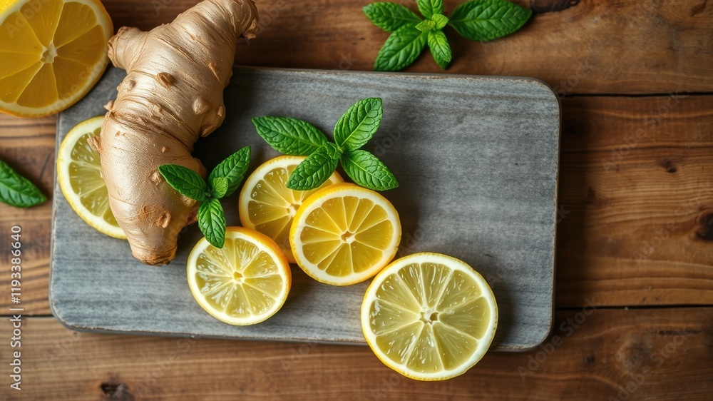 Refreshing Lemon, Ginger, and Mint Slices on Rustic Wooden Board