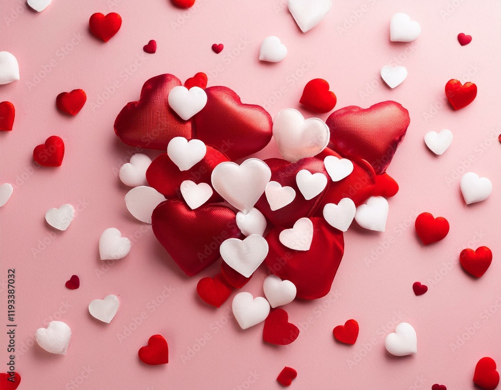 Esplosión de corazones rojos y blancos en 3D sobre un fondo rosa pastel, Concepto San Valentin. Esplosión de corazones rojos y blancos en 3D sobre un fondo rosa pastel, Concepto San Valentin.