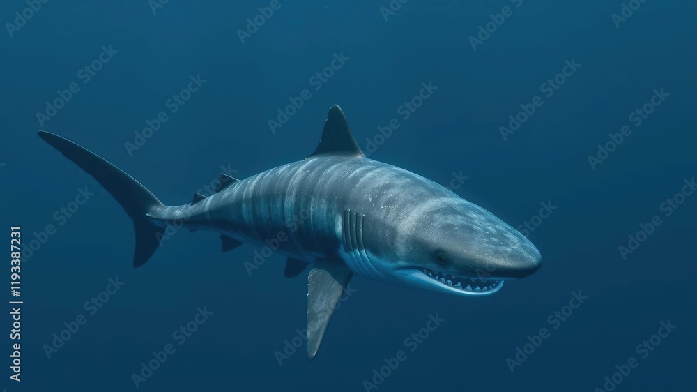 Fototapeta premium Aerial view of a megalodon swimming near the surface, aquatic scenes, marine wildlife, shark habitats