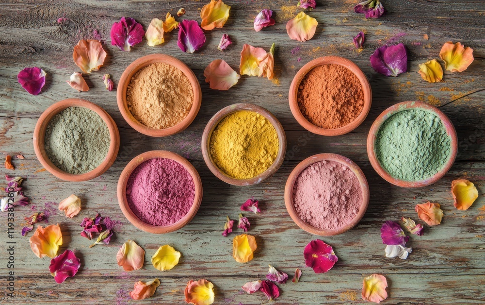 A flat lay of colorful Holi powders in small clay bowls, surrounded by scattered petals on a rustic wood background A flat lay of colorful Holi powders in small clay bowls, surrounded by scattered petals on a rustic wood background