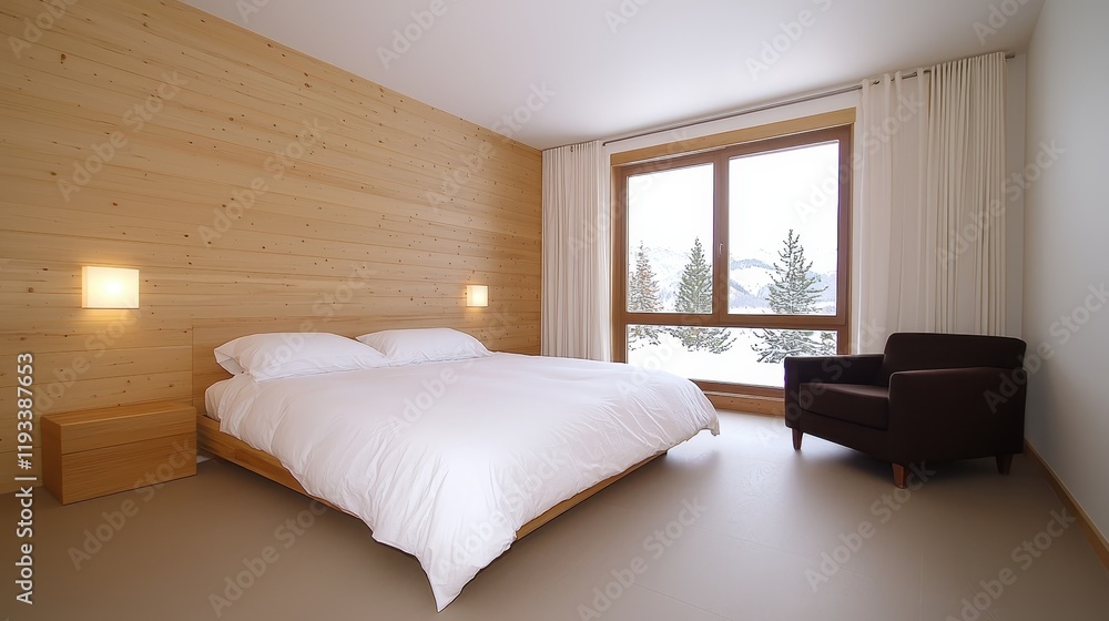 Fototapeta premium Modern Minimalist Bedroom with Wooden Walls and Large Window Overlooking Snowy Landscape, Inviting and Serene Atmosphere for Relaxation