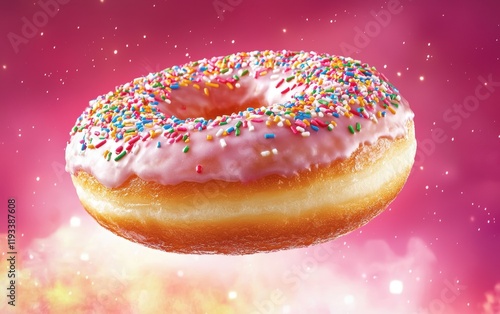 A flying glazed donut with rainbow sprinkles, hovering against a vibrant pink background photo