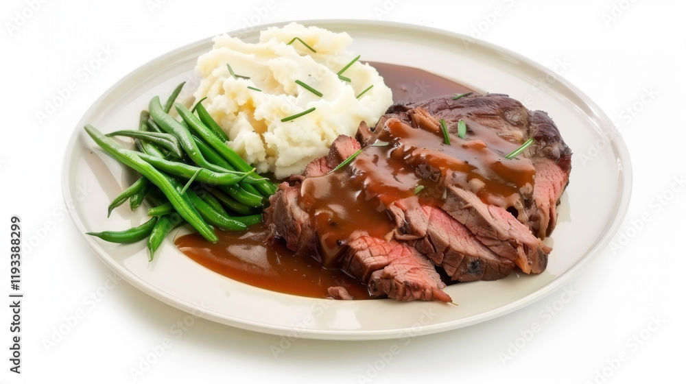 plate of roast beef with mashed potatoes and beans plate of roast beef with mashed potatoes and beans
