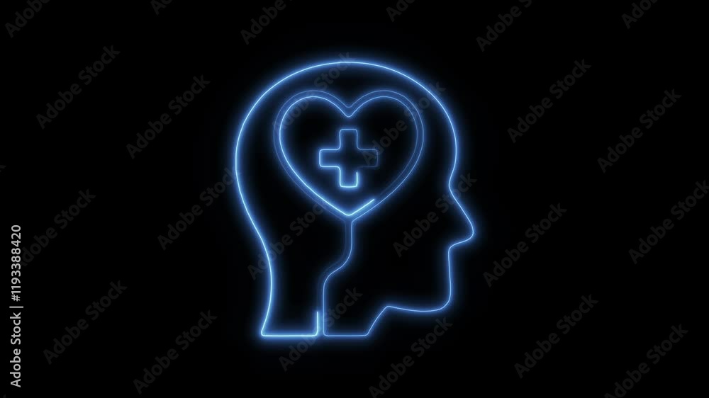 Glowing Neon Mental Care Icon, Psychological Support and Well-Being Symbol, HD Motion Graphic Animation on Black Background Glowing Neon Mental Care Icon, Psychological Support and Well-Being Symbol, HD Motion Graphic Animation on Black Background