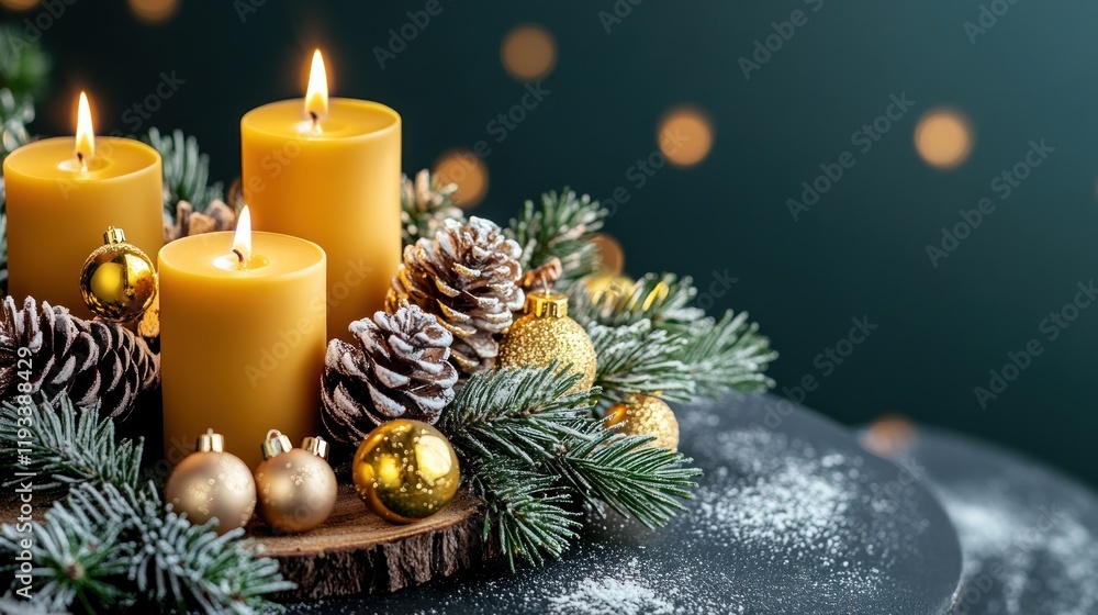 Festive Candle Arrangement with Pine Cones and Ornaments on Snow-Dusted Table Festive Candle Arrangement with Pine Cones and Ornaments on Snow-Dusted Table