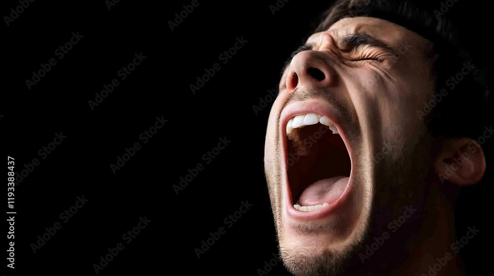 Man's Raw Emotion: A close-up portrait of a man's face, his mouth wide open in a primal scream, his eyes tightly closed. The raw. Man's Raw Emotion: A close-up portrait of a man's face, his mouth wide open in a primal scream, his eyes tightly closed. The raw.