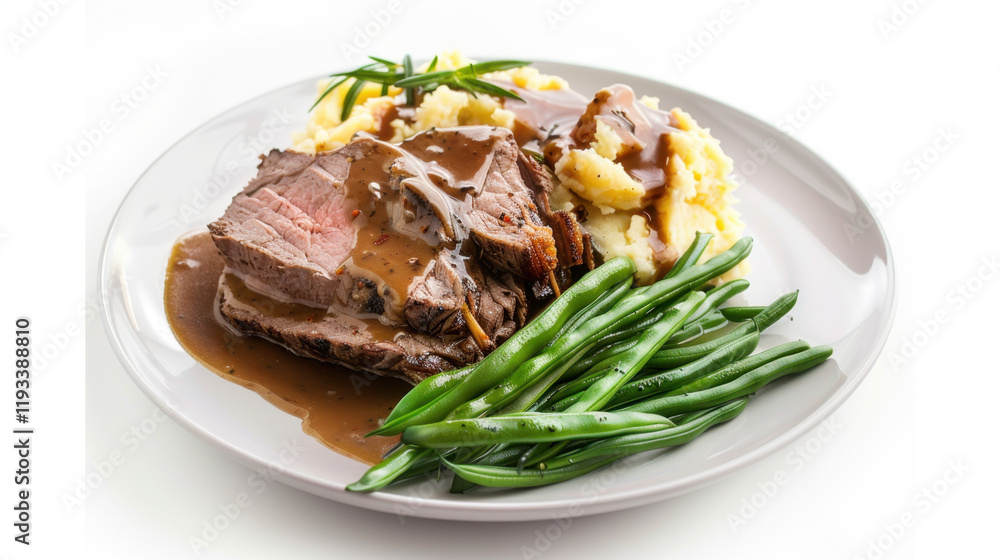 plate of roast beef with mashed potatoes and beans plate of roast beef with mashed potatoes and beans