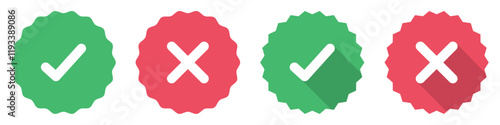 Starburst yes tick and no cross buttons. Profile verification with check marks and cross mark icons set in red and green color. Verified and unverified account sign. Flat design. Vector illustration.