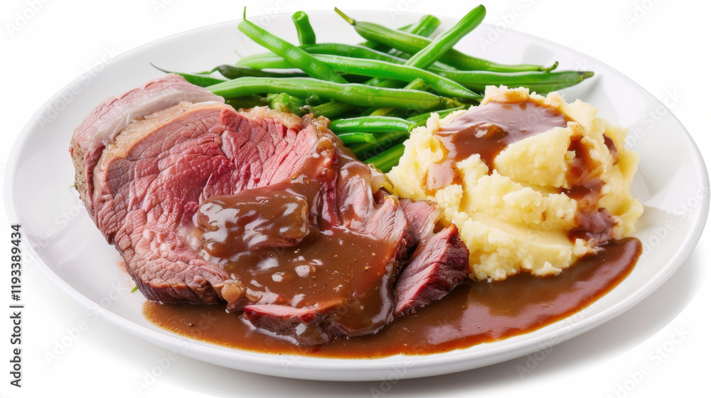 plate of roast beef with mashed potatoes and beans plate of roast beef with mashed potatoes and beans