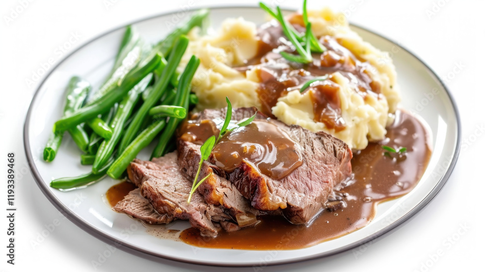plate of roast beef with mashed potatoes and beans plate of roast beef with mashed potatoes and beans