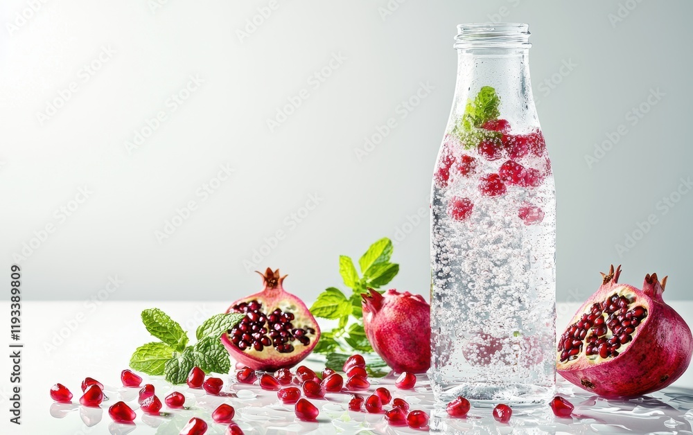 A chilled glass bottle of sparkling water with pomegranate seeds and fresh mint, set on a bright white background A chilled glass bottle of sparkling water with pomegranate seeds and fresh mint, set on a bright white background