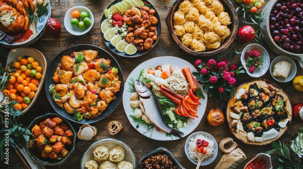 vibrant and colorful spread of Chinese New Year food laid out on an elegant dinner table. vibrant and colorful spread of Chinese New Year food laid out on an elegant dinner table.