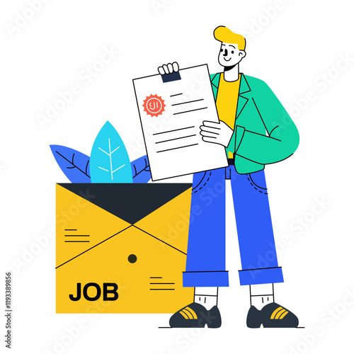 A flat illustration of a person holding a job offer letter