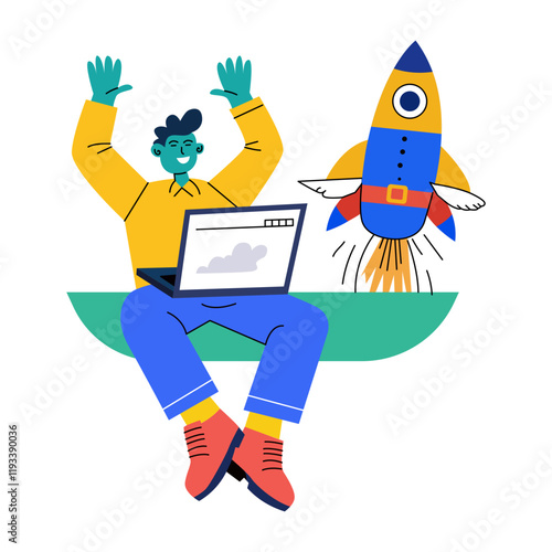 Flat illustration of a person celebrating a website launch with a rocket taking off
