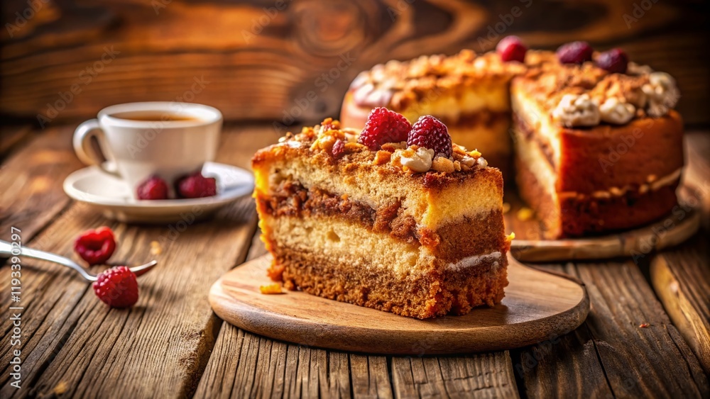 Delicious Coffee Cake Slices on Rustic Wooden Table with Copy Space Delicious Coffee Cake Slices on Rustic Wooden Table with Copy Space