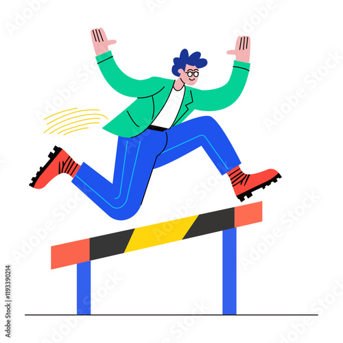A flat illustration of a person jumping over a hurdle, symbolizing overcoming obstacles