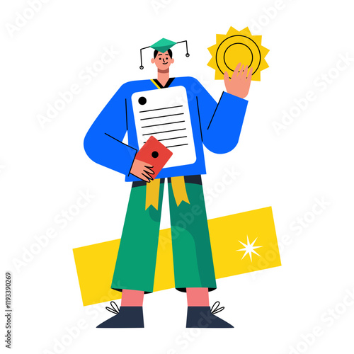 A flat illustration of a scholar holding a diploma and a medal