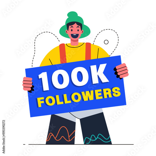 Flat illustration of a happy influencer celebrating reaching 100k followers