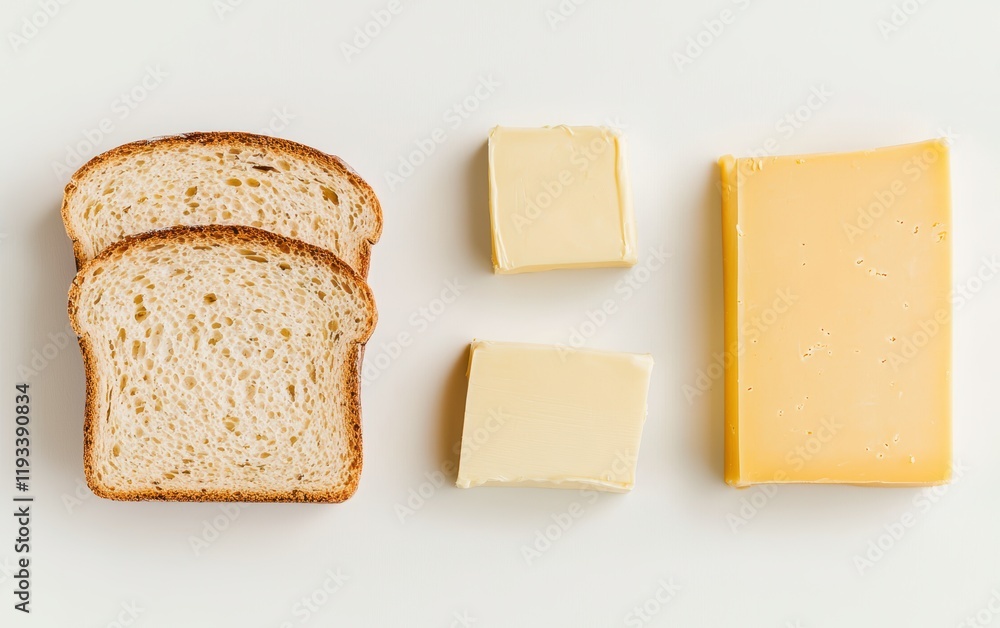 A minimalist flat-lay of sliced bread, a block of cheddar cheese, and soft butter on a clean white background A minimalist flat-lay of sliced bread, a block of cheddar cheese, and soft butter on a clean white background