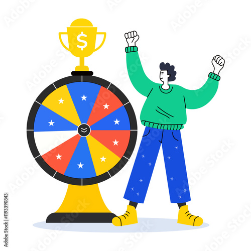 A flat illustration of a person celebrating next to a spinning prize wheel