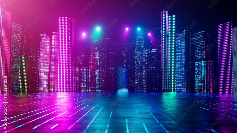 vibrant neon cityscape with glowing skyscrapers and reflective ground for futuristic urban concepts and entertainment themes vibrant neon cityscape with glowing skyscrapers and reflective ground for futuristic urban concepts and entertainment themes